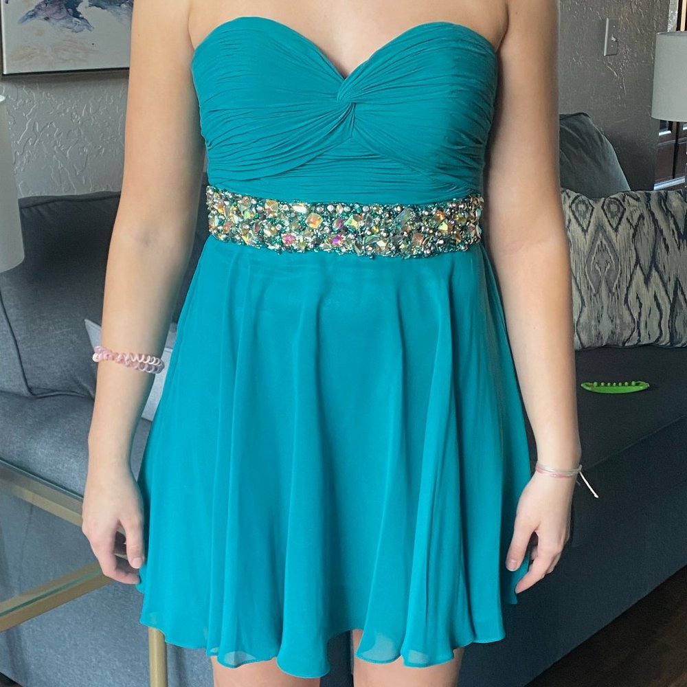 Teal Jovani Strapless Dress
